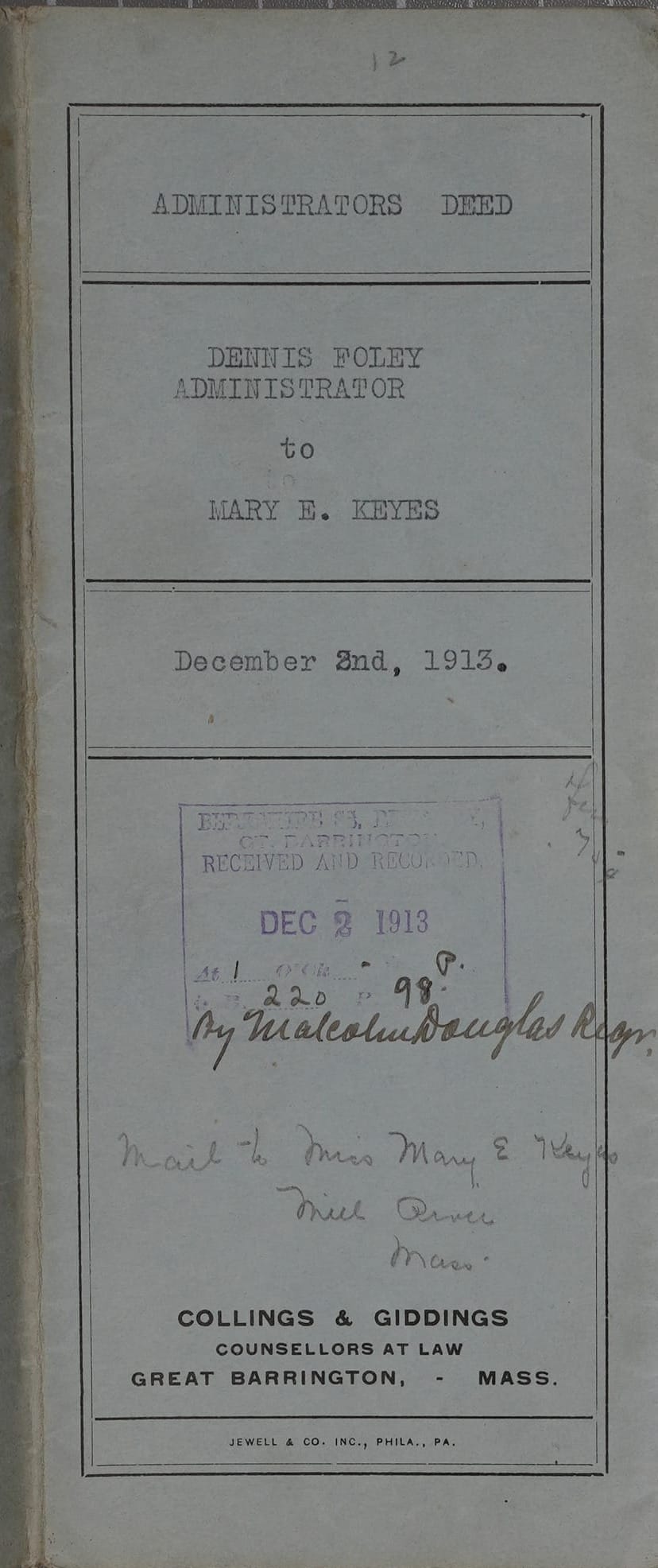 MARY E. KEYES Deed December 1913